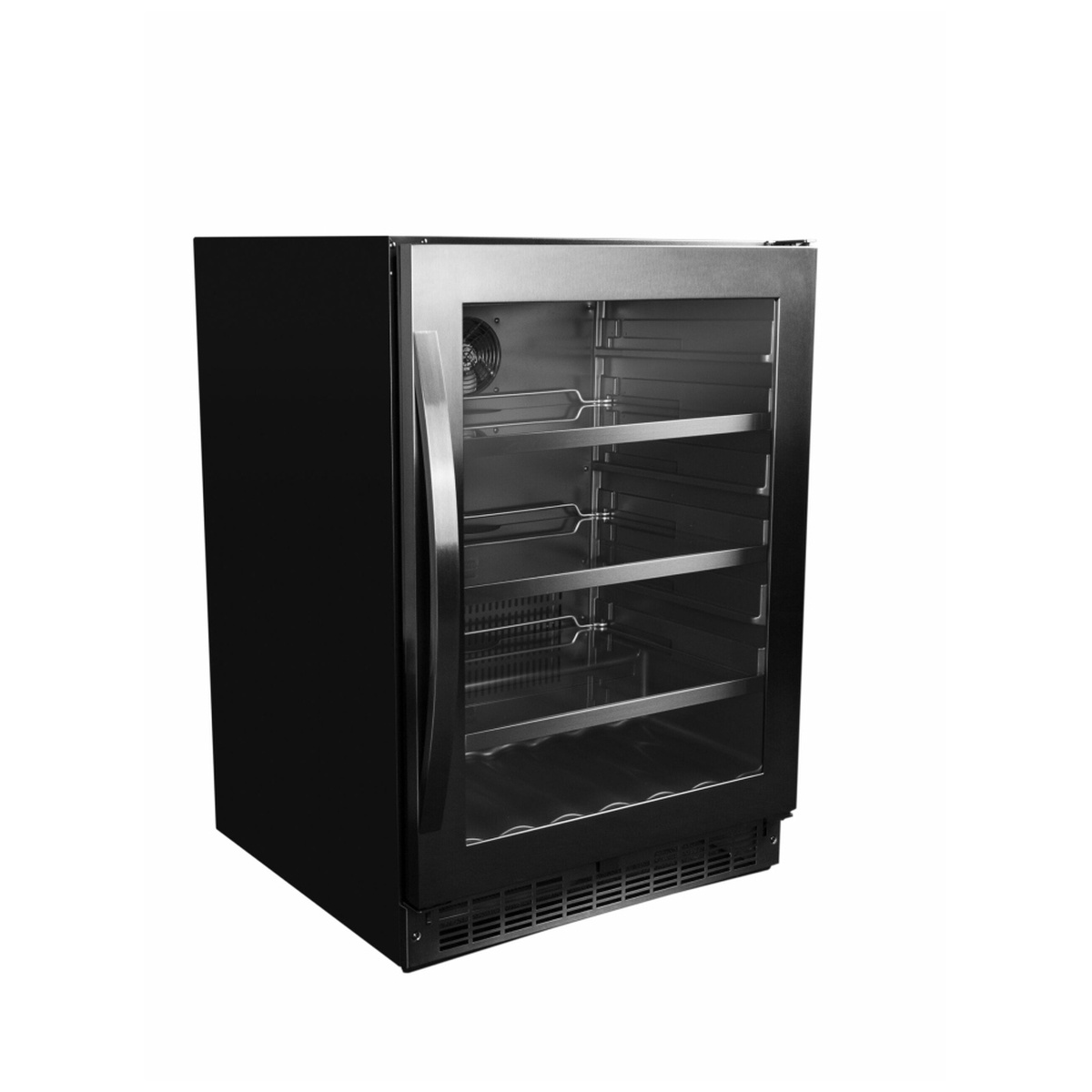 Angled exterior view of a Silhouette undercounter beverage center with glass door, long handle, and front vent grille