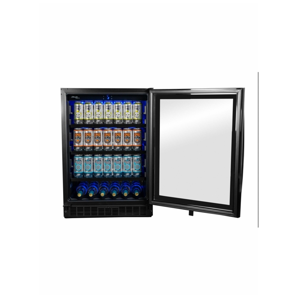 Open Silhouette beverage center with blue interior lighting, glass shelves holding beverage cans, and a wave wine rack on the bottom