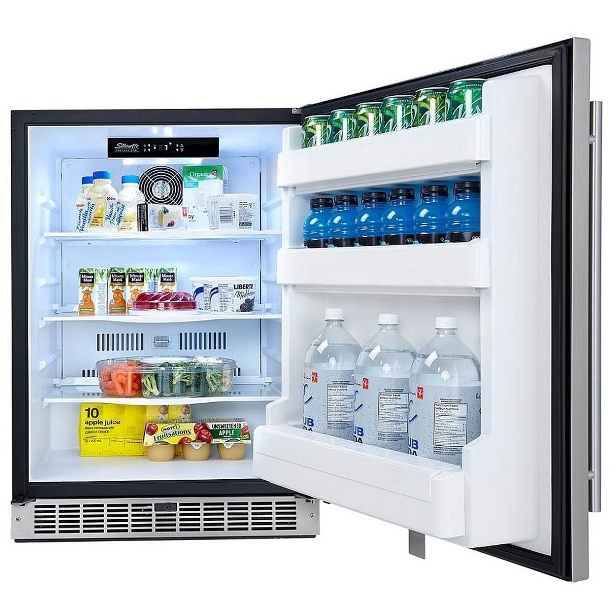 Open Silhouette compact refrigerator stocked with drinks and snacks, showing interior shelves, door bins, and top control panel