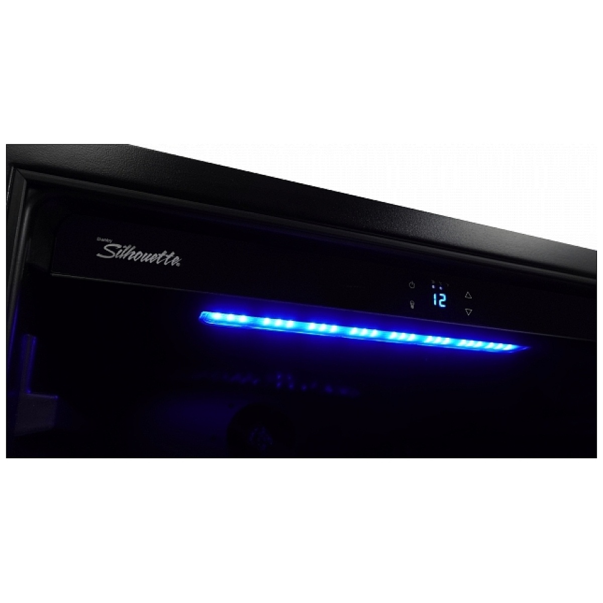 Close-up of the Silhouette wine cooler control area showing the logo, blue LED light bar, and through-the-door touch controls with a numeric temperature display