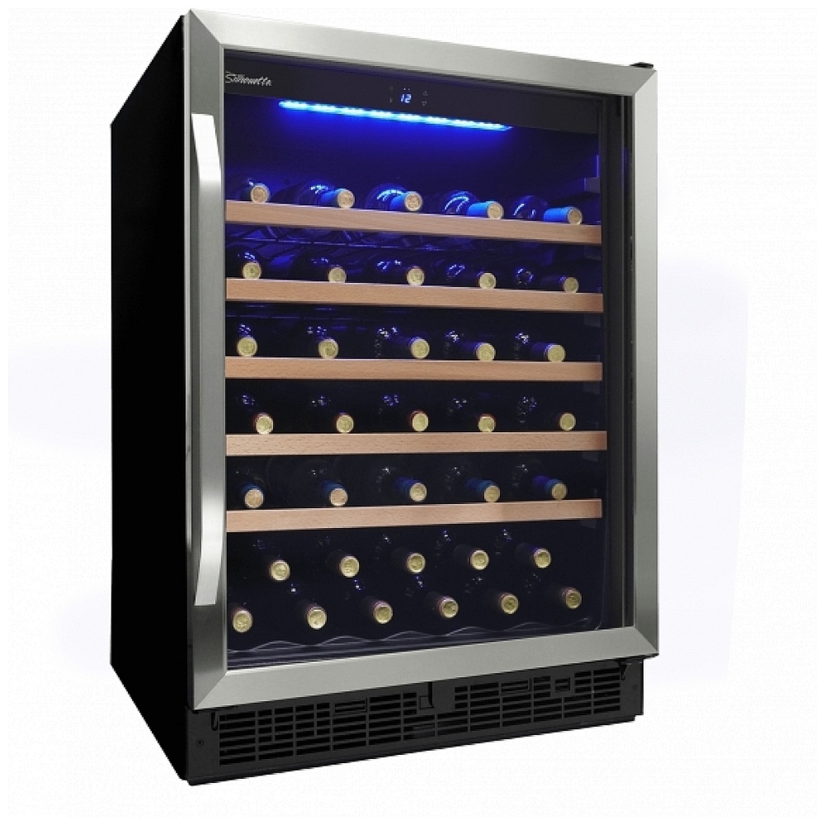Angled front view of a Silhouette wine cooler with stainless steel framed glass door, tubular handle, blue interior lighting, and wave-style shelves with bottles