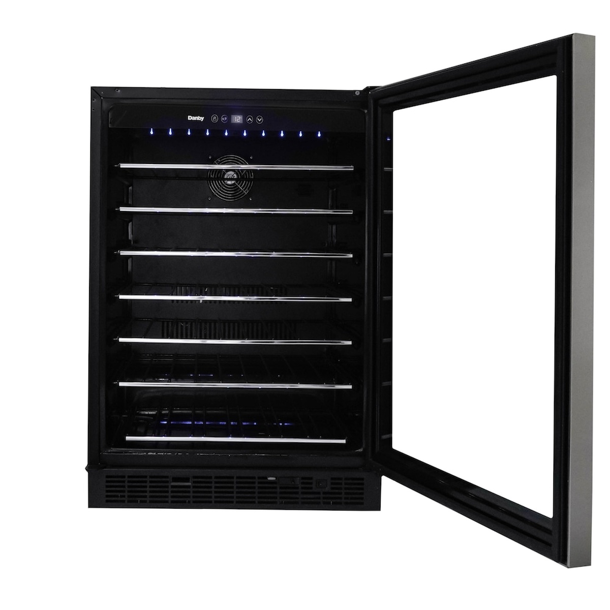 Danby wine cooler with the door open showing interior shelves, LED lights, and rear fan