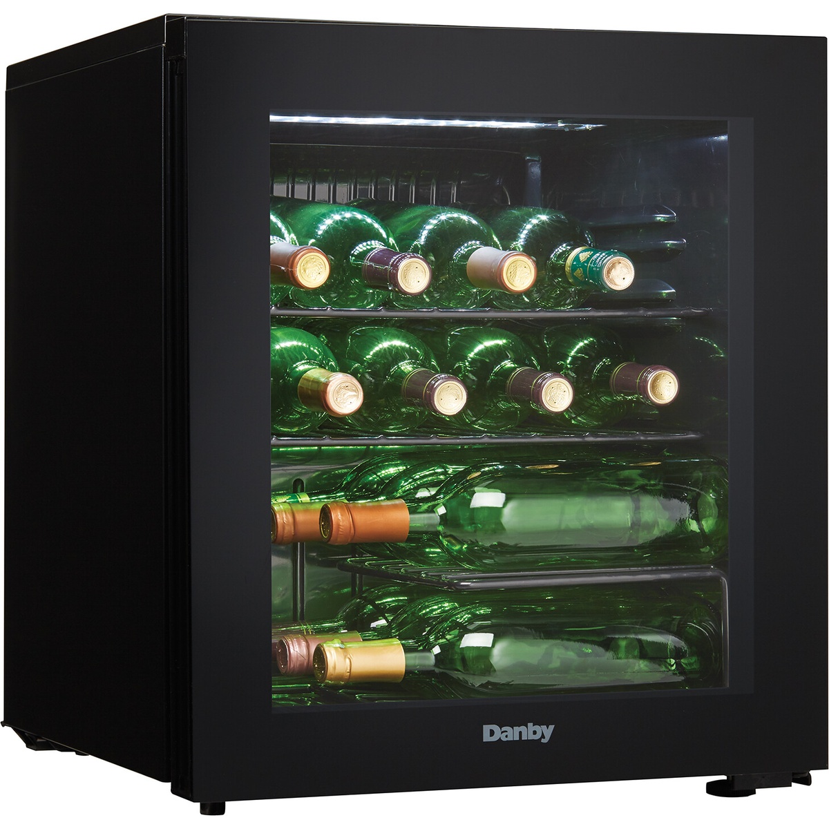 Danby freestanding countertop wine cooler with a black cabinet and glass door, showing bottles stored on wire shelves