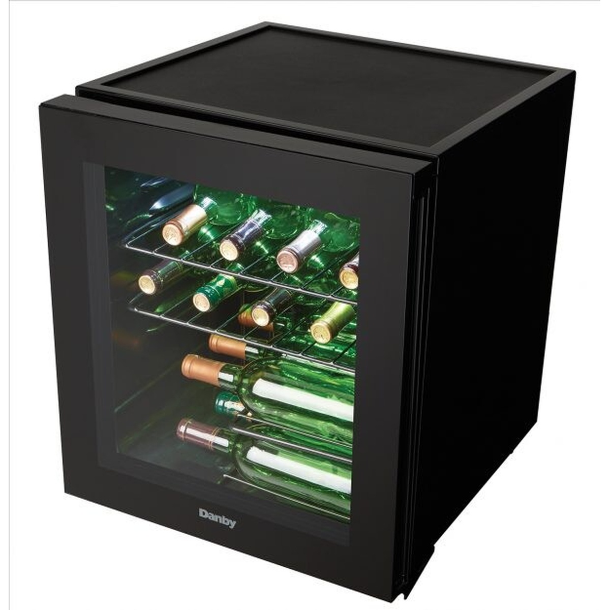 Angled top view of the Danby compact wine cooler showing the flat countertop-style top and glass door