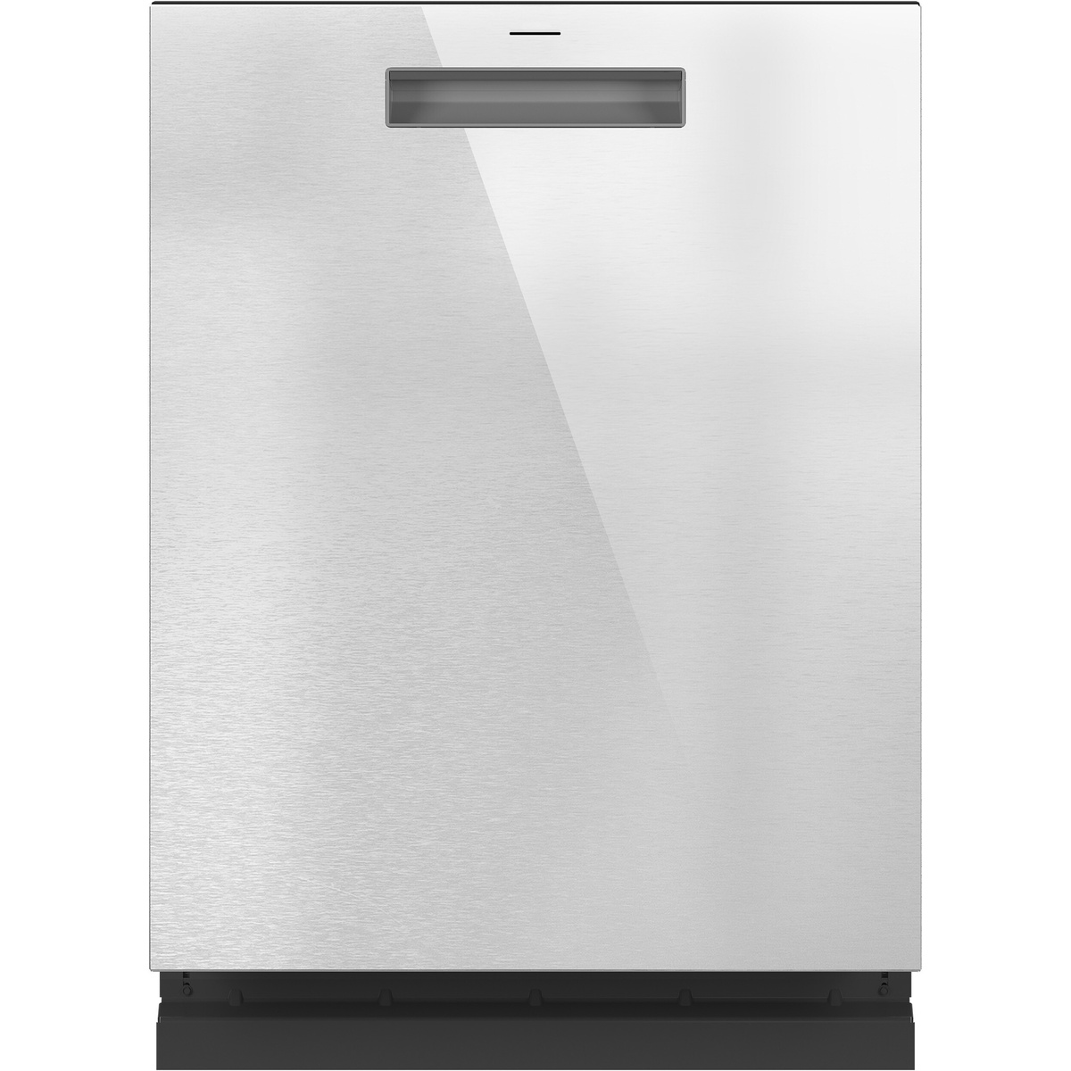 Front view of a Cafe fully integrated dishwasher with a flat stainless-style door panel and a recessed pocket handle