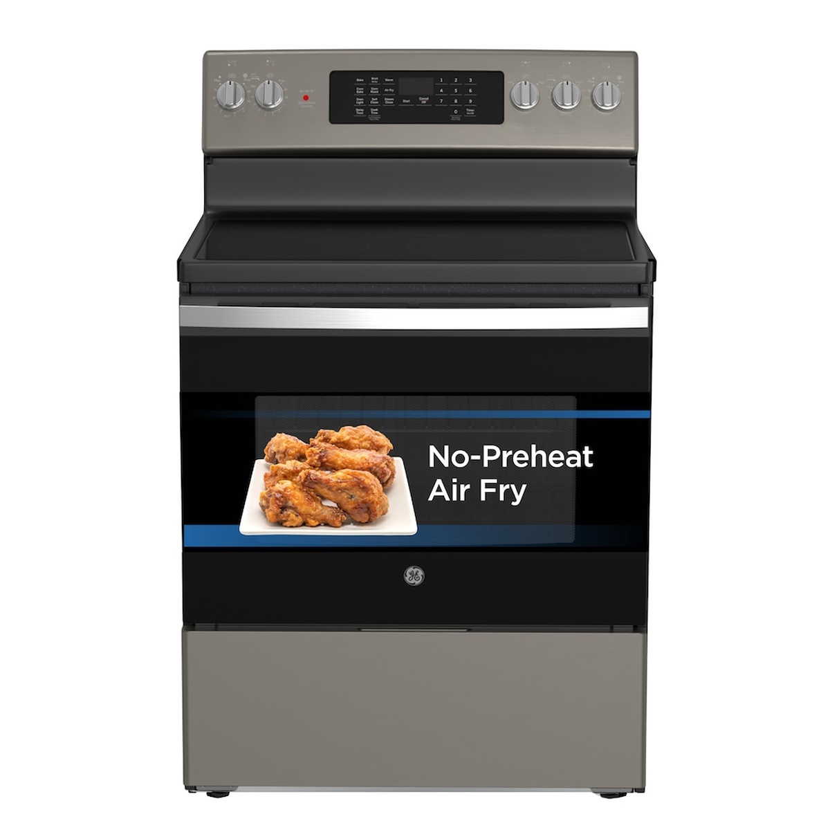 Front view of the GE freestanding electric range with an on-image callout reading No-Preheat Air Fry