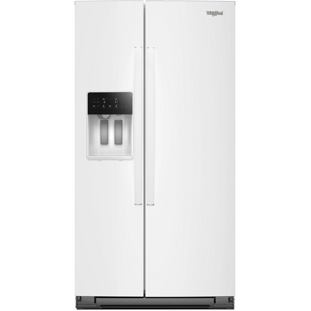Front view of a white Whirlpool side-by-side refrigerator with an exterior ice and water dispenser