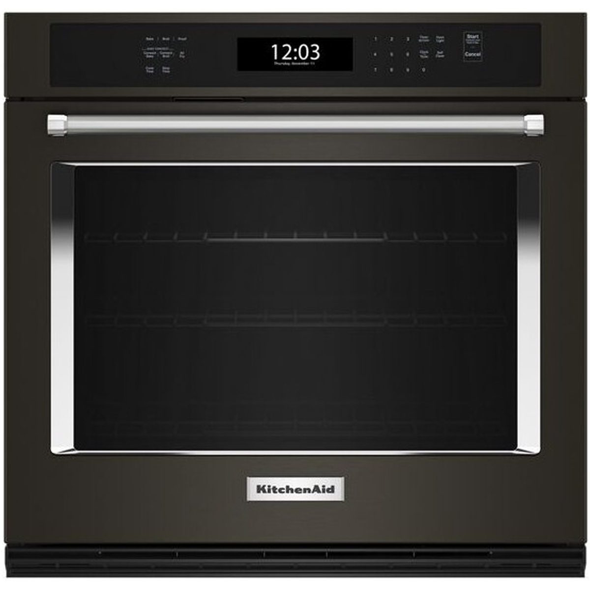 Front view of a KitchenAid 30-inch single wall oven in black stainless with a wide glass door window, bar handle, and touch control panel with digital display