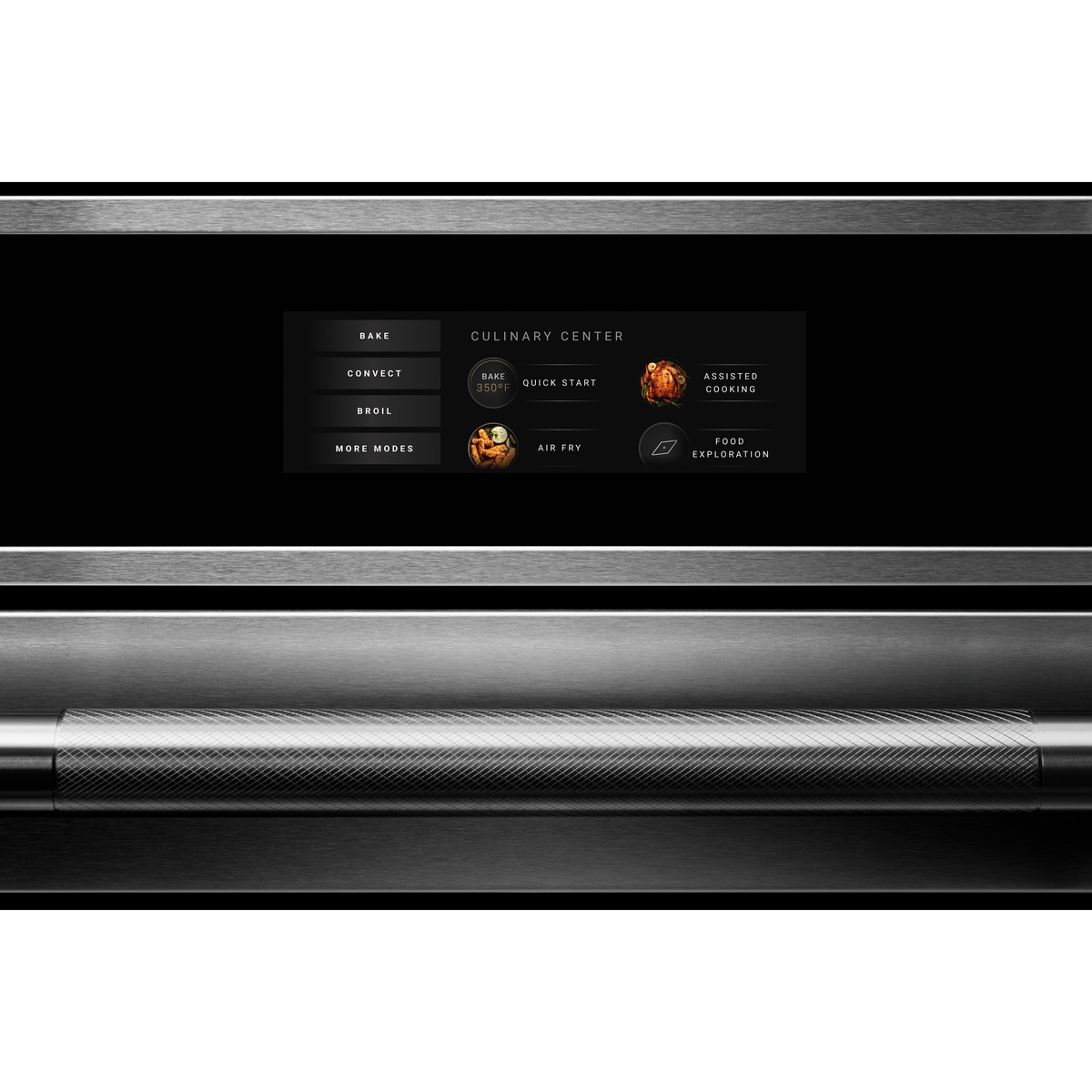 Close-up of the JennAir wall oven touchscreen showing cooking modes including Bake, Convect, Broil, and Air Fry