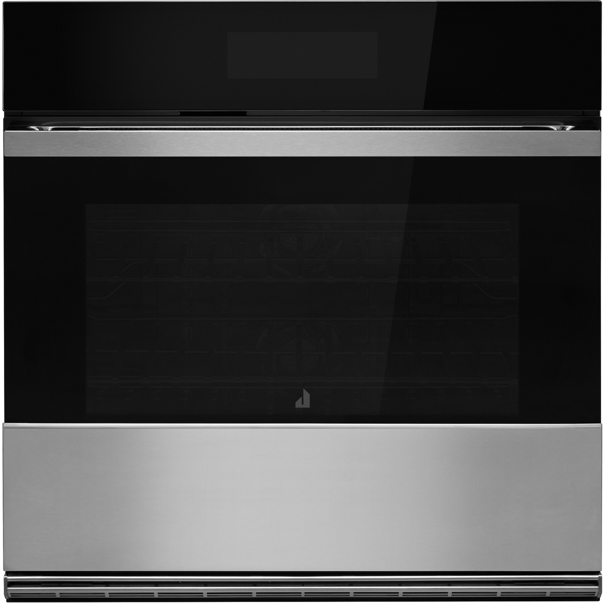 Front view of a JennAir NOIR wall oven with a dark glass door and a wide horizontal handle