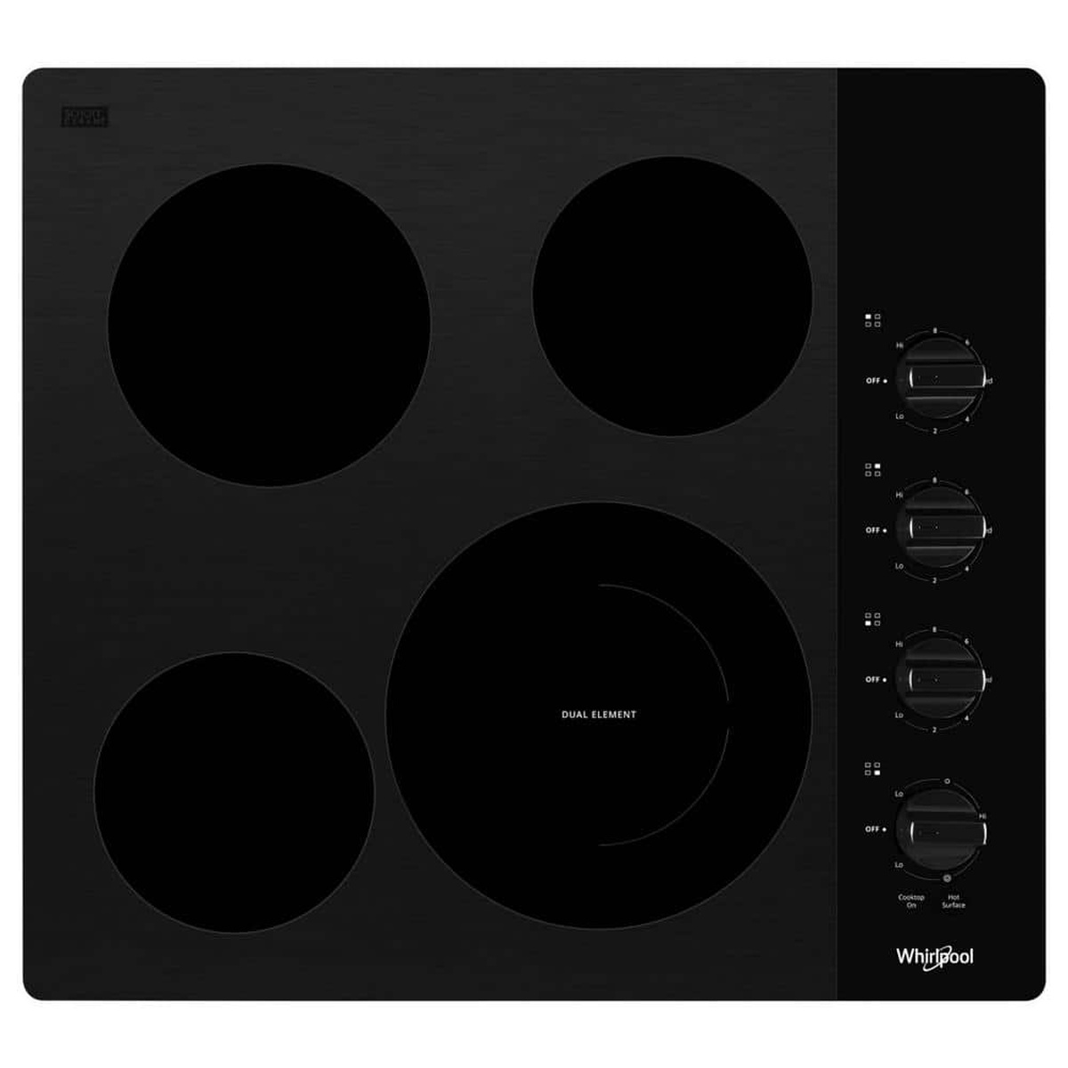 Top view of a black Whirlpool 24 in. smooth electric cooktop with four radiant elements, including a labeled dual element, and right-side knob controls