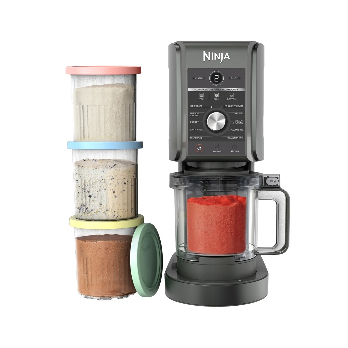 Ninja CREAMi XL Deluxe frozen treat maker with a filled processing tub and four XL pint containers with lids