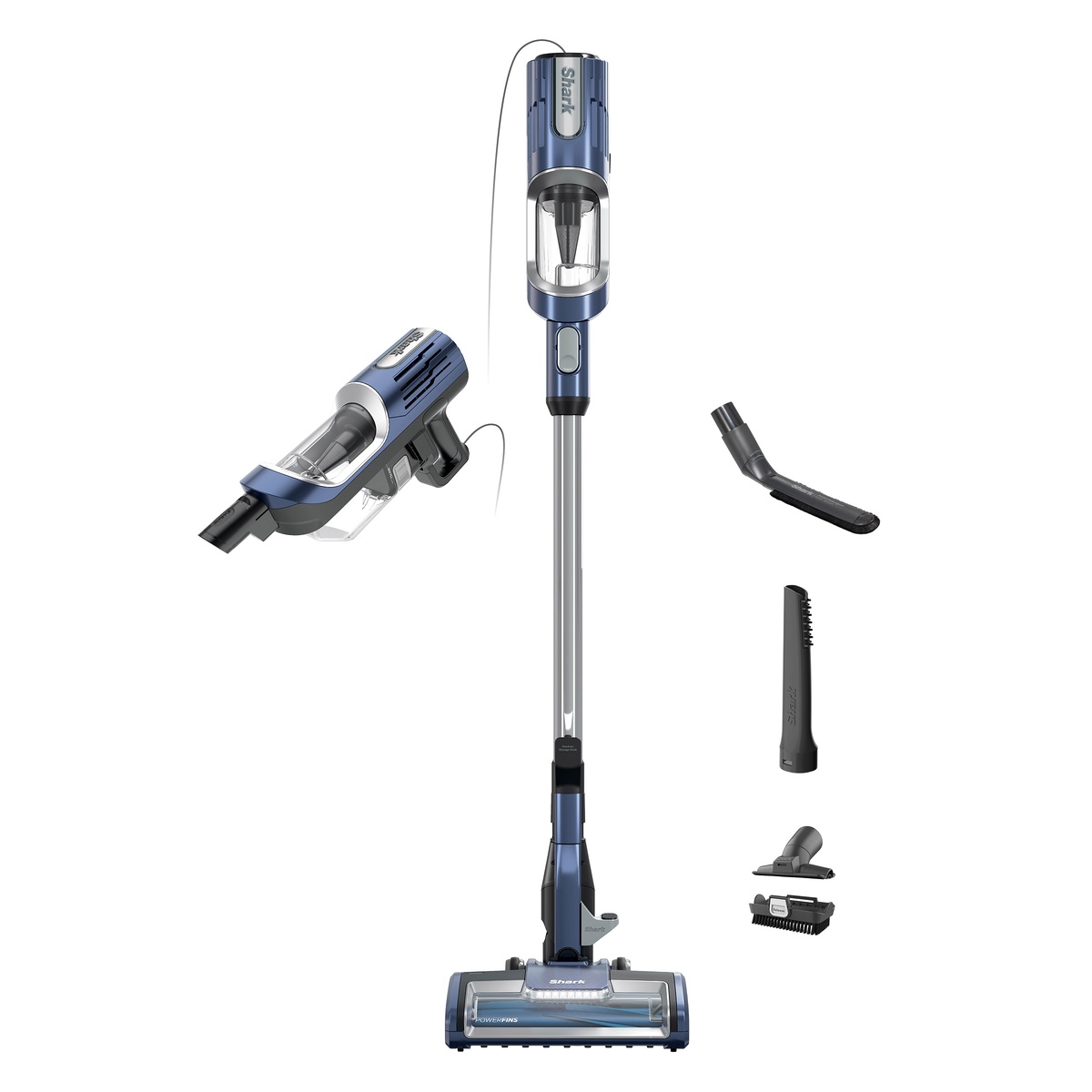 Shark corded stick vacuum shown with detachable handheld unit and multiple cleaning attachments