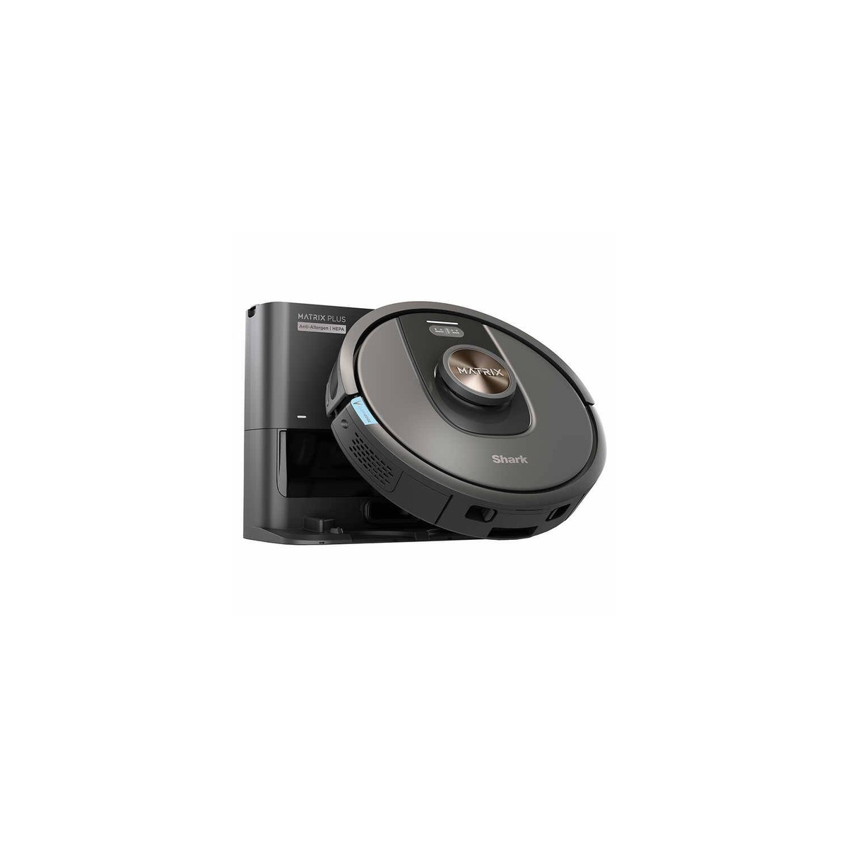 Shark Matrix Plus robot vacuum in front of its self-empty base