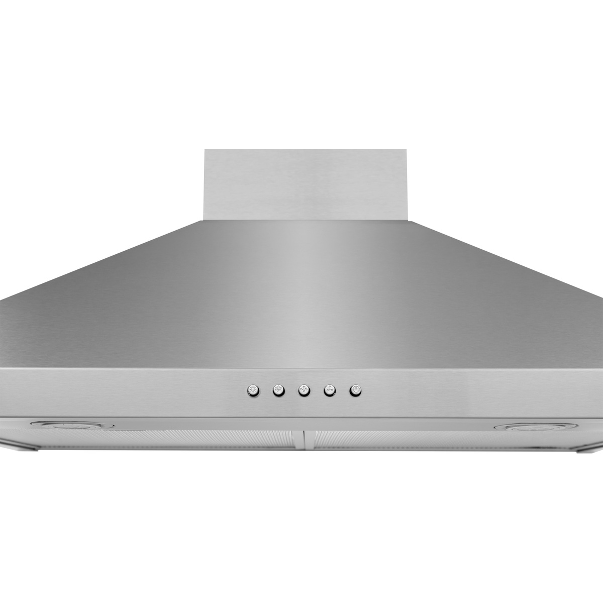 Close-up underside view of the stainless wall-mount range hood showing push-button controls, two lights, and mesh filter panels