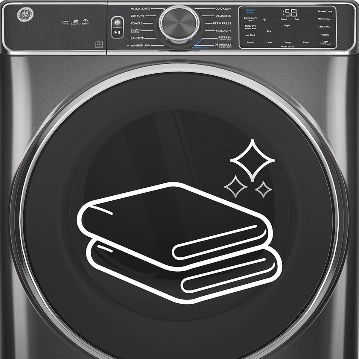 Close-up of the GE dryer door and control panel showing the cycle dial, digital display, and options like Damp Alert, Delay Dry, Reduce Static, Wrinkle Care, and EcoDry.