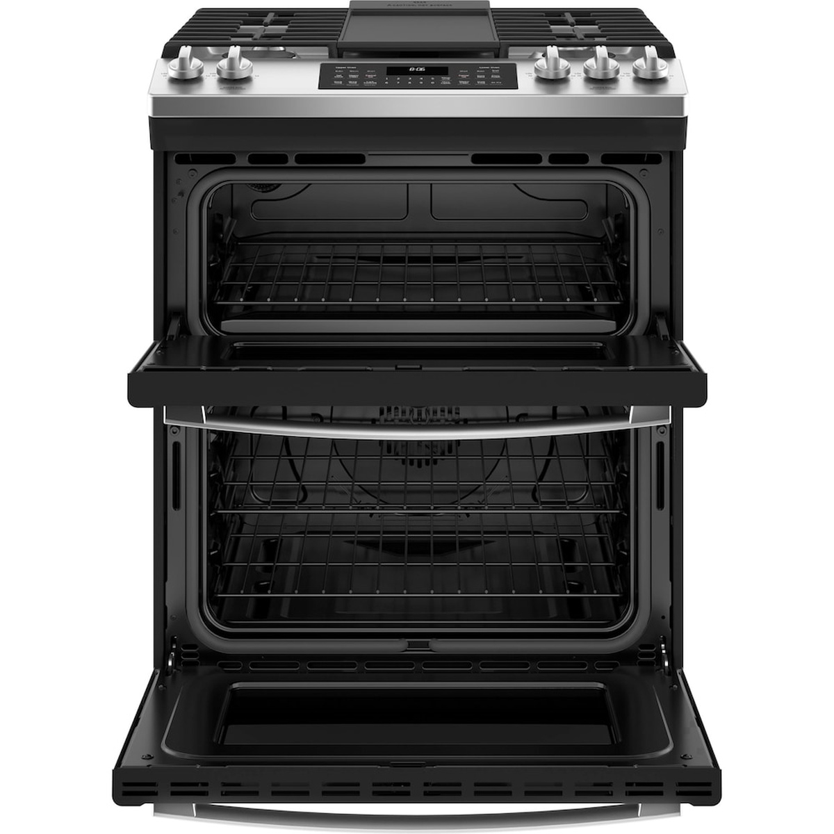 GE stainless steel slide-in gas range with both upper and lower oven doors open, showing two oven cavities with racks