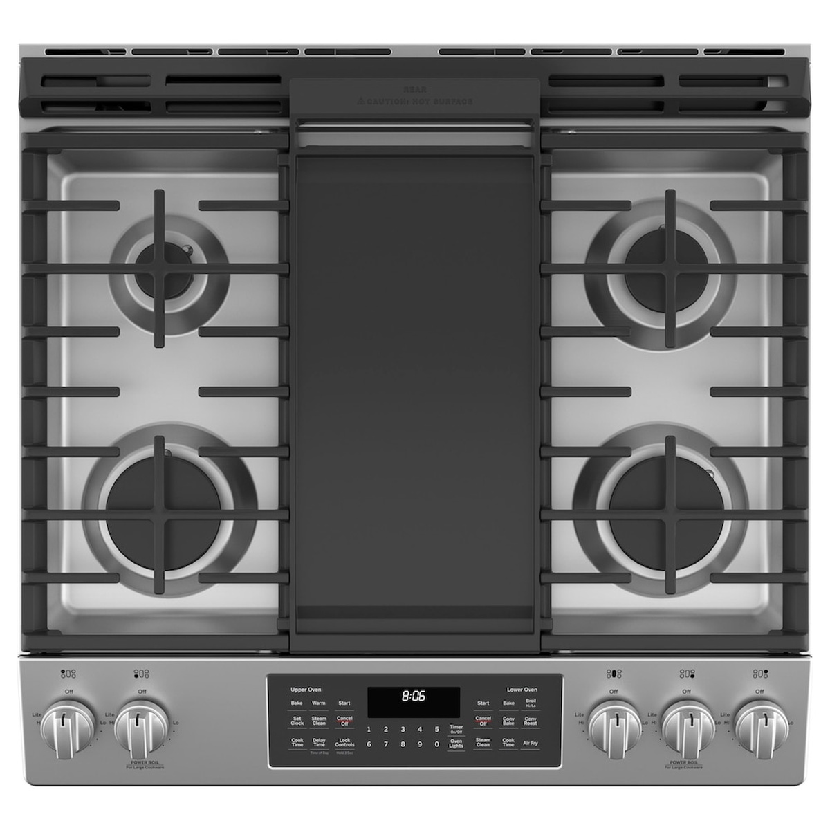 Top-down view of the GE gas range cooktop showing four burners, continuous grates, and a center griddle with front control panel