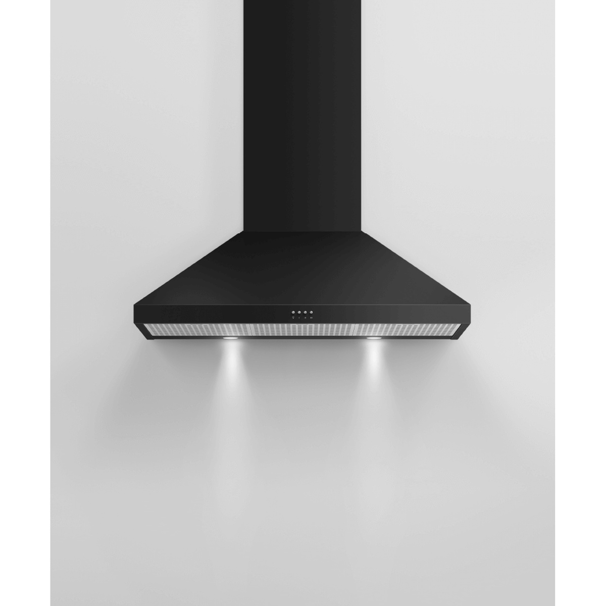 Black pyramid chimney wall range hood showing the underside mesh filters, push-button controls, and two LED lights