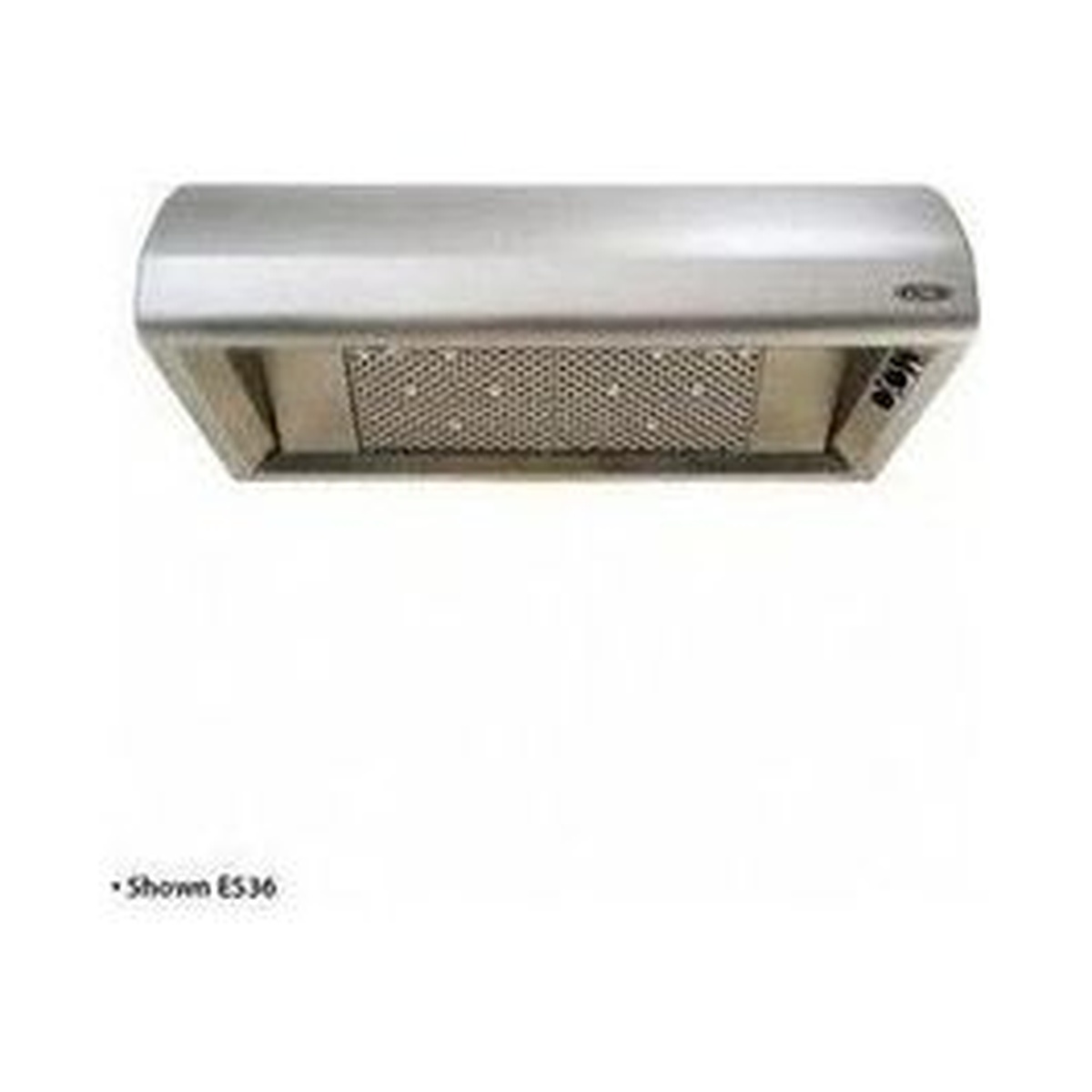 Underside view of a stainless steel DCS range hood showing the main filter panel and side-mounted controls