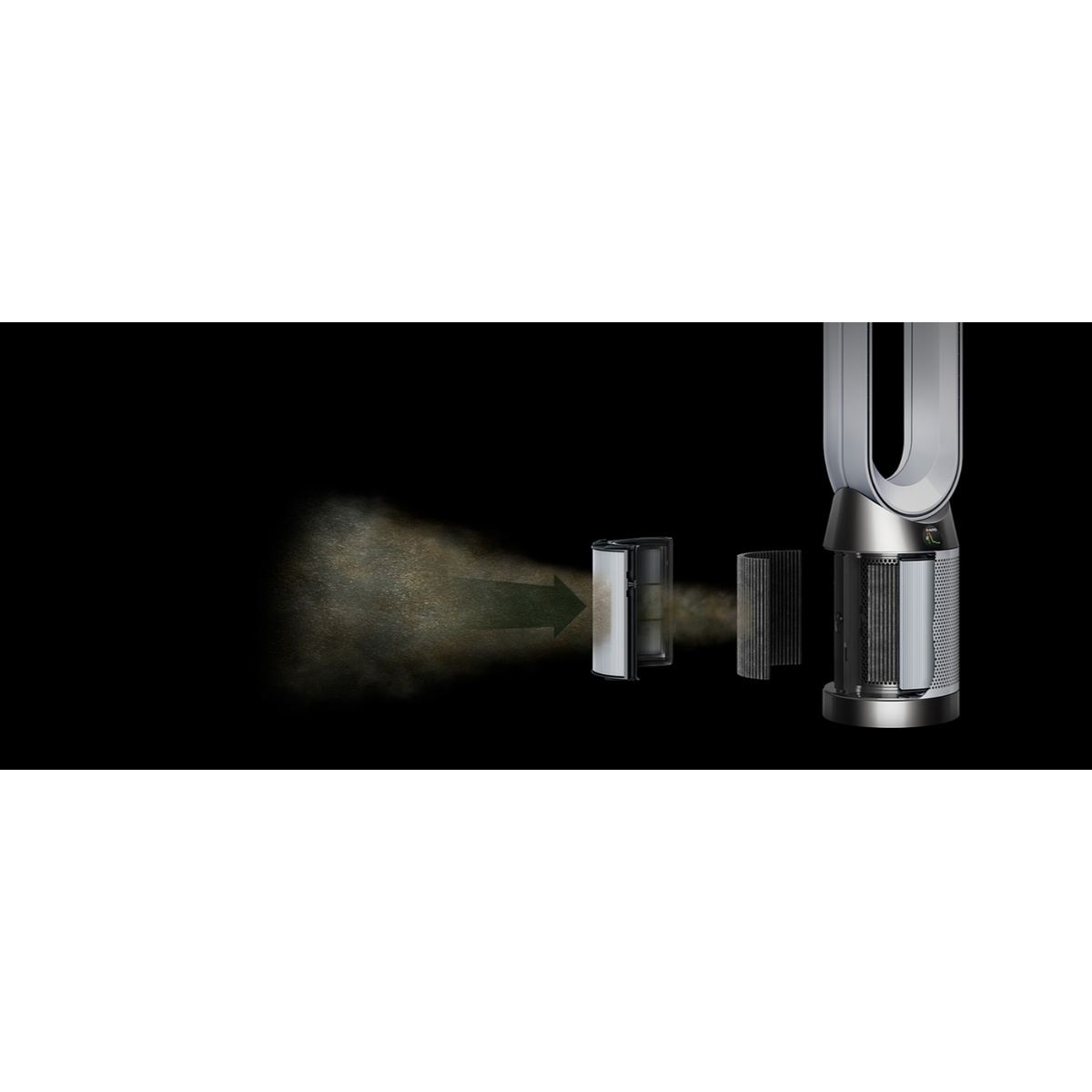 Dyson purifier shown with filters removed in front, illustrating airflow entering the unit and passing through filter layers