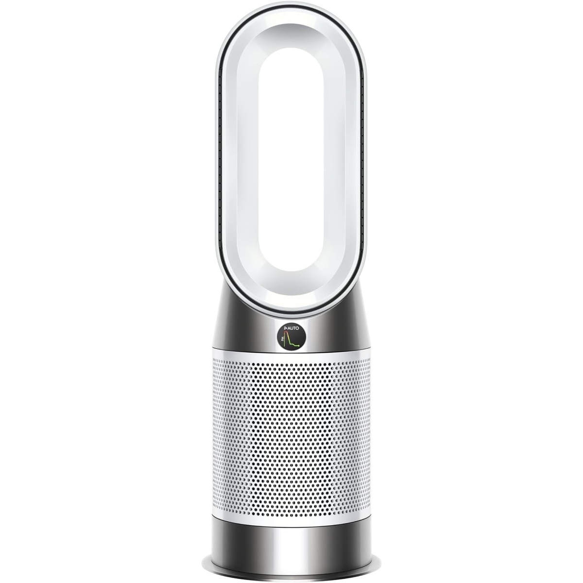 Dyson HP10 Purifier Hot+Cool tower with bladeless oval loop and a small front display showing Auto mode