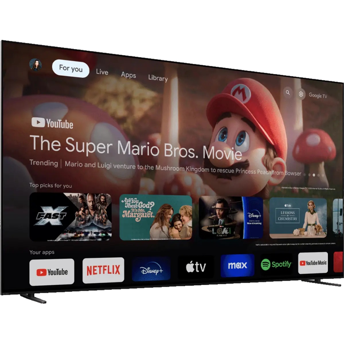 Angled view of Sony television showing the Google TV home screen with streaming apps