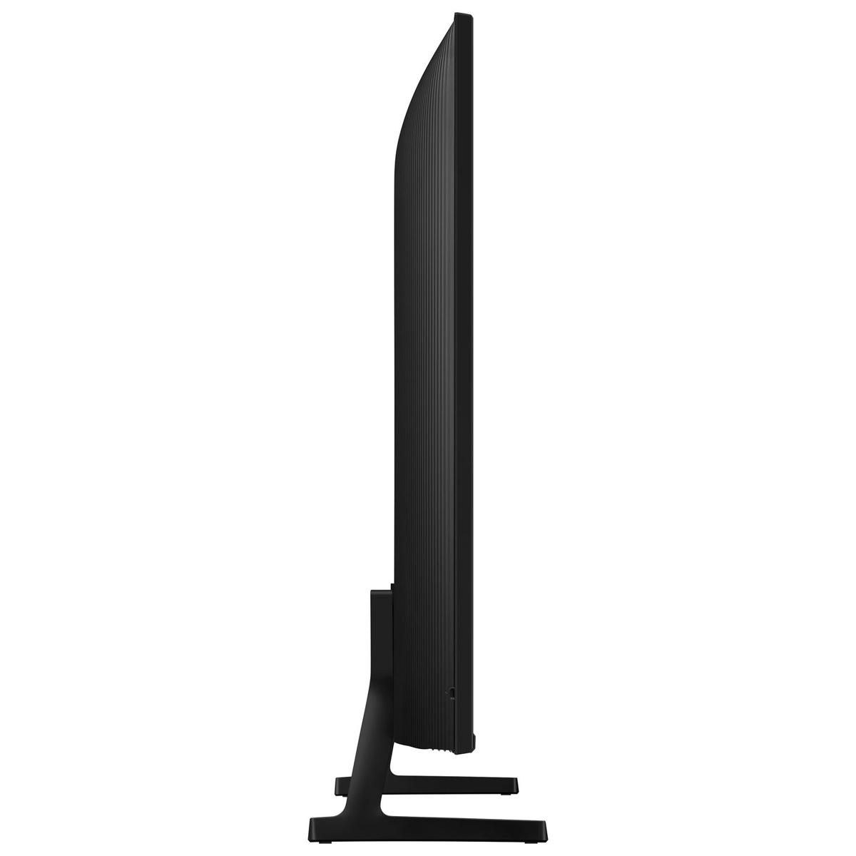 Side profile of a large Samsung flat-screen TV showing its depth and the wide-set stand