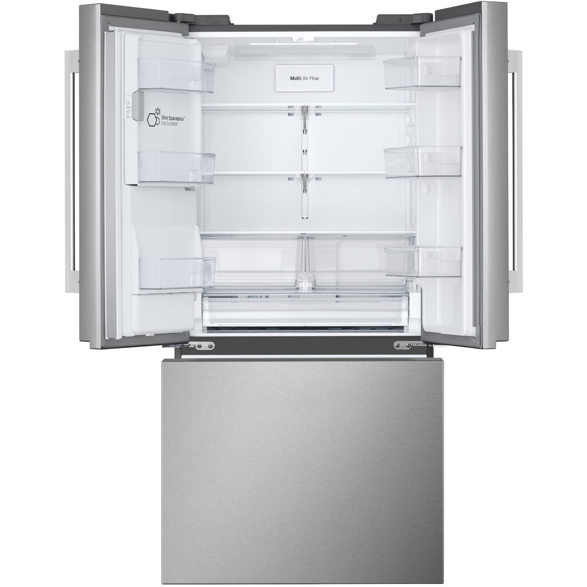 Open LG French door refrigerator showing adjustable shelves, door bins, crisper drawers, a wide pantry-style drawer, and labels for Multi Air Flow and the Slim SpacePlus ice system