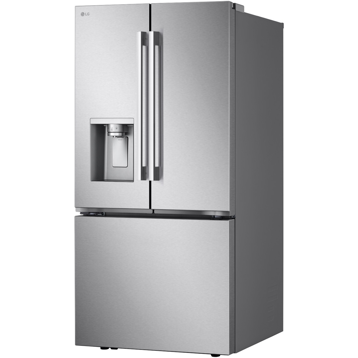 Angled view of the LG stainless French door refrigerator with an external ice and water dispenser and bottom freezer drawer