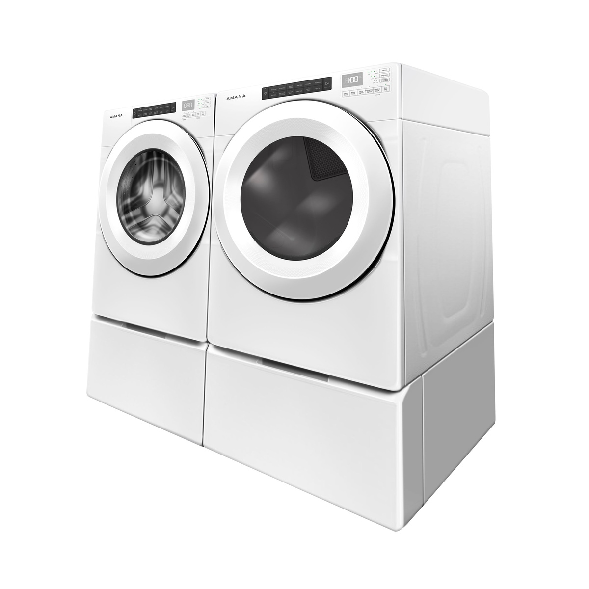 Amana front-load washer and matching dryer shown side by side on laundry pedestals
