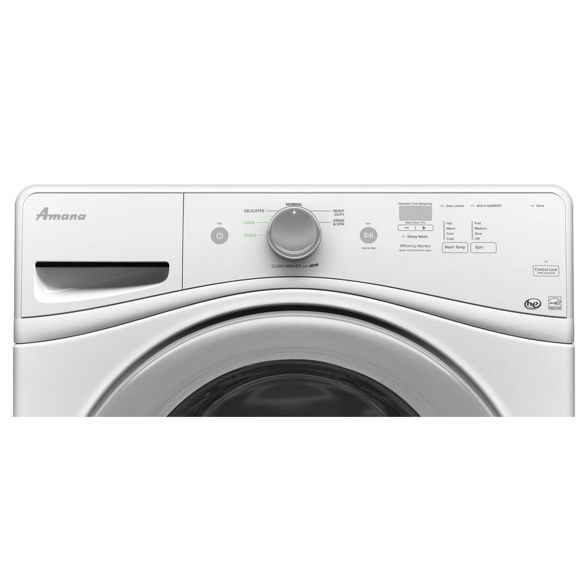 Close-up of the Amana washer control panel with cycle dial, wash temperature and spin options, and control lock