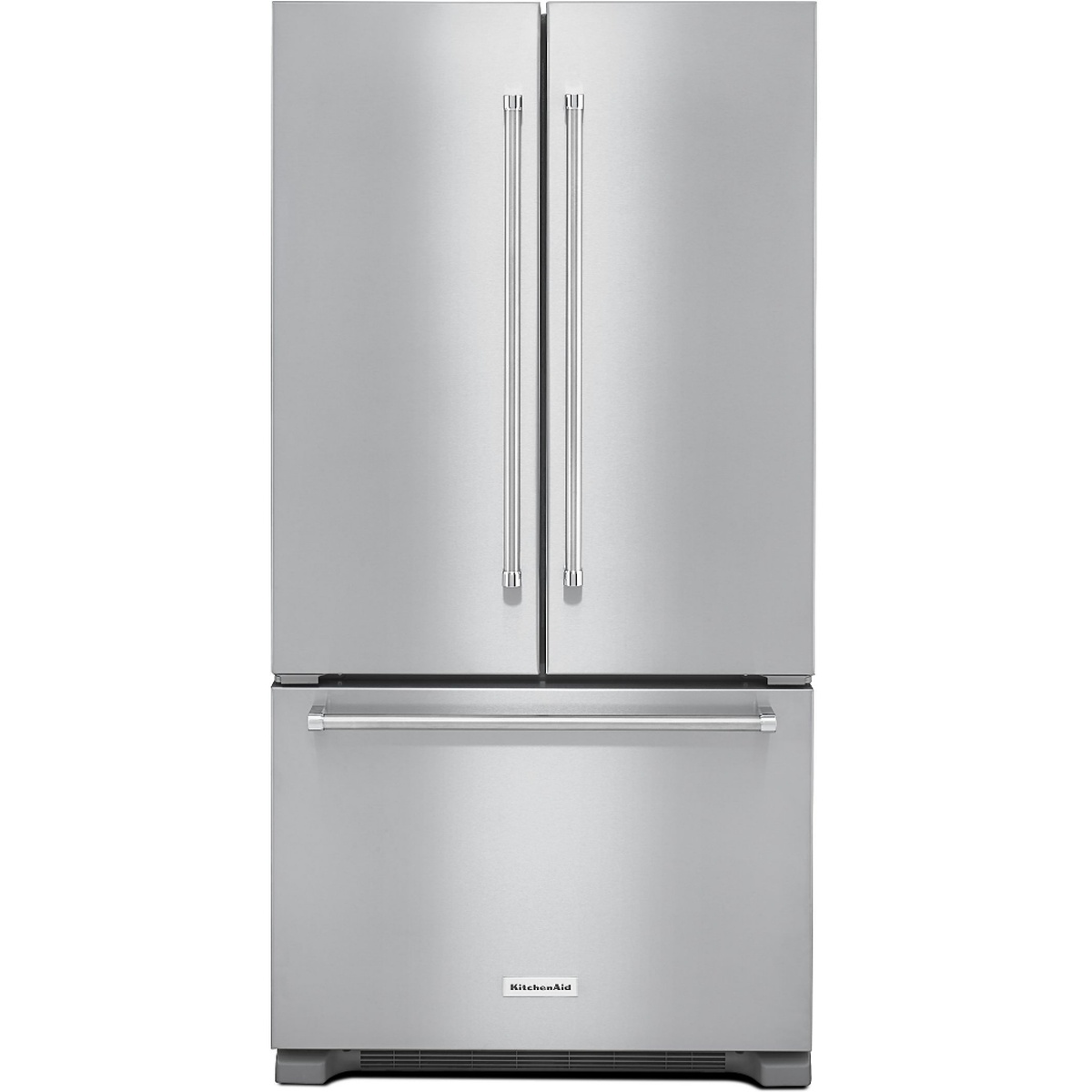 Front view of a stainless steel KitchenAid French door refrigerator with a bottom freezer drawer