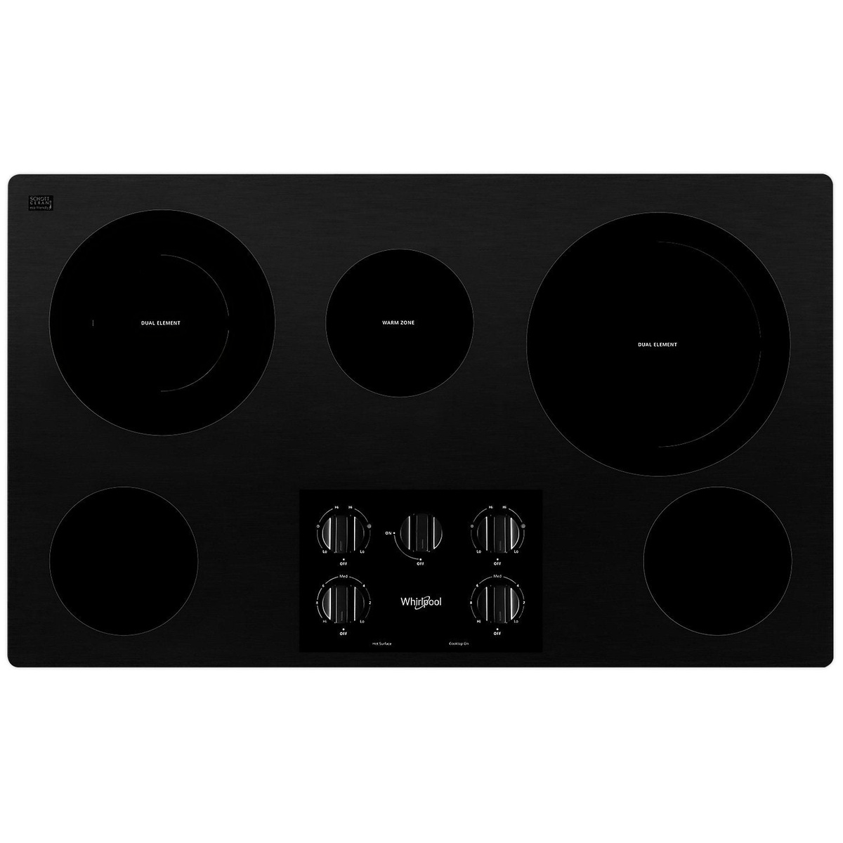 Top-down view of a black Whirlpool 36-inch ceramic glass cooktop with five cooking zones, including two labeled dual elements and a center Warm Zone, plus front knob controls