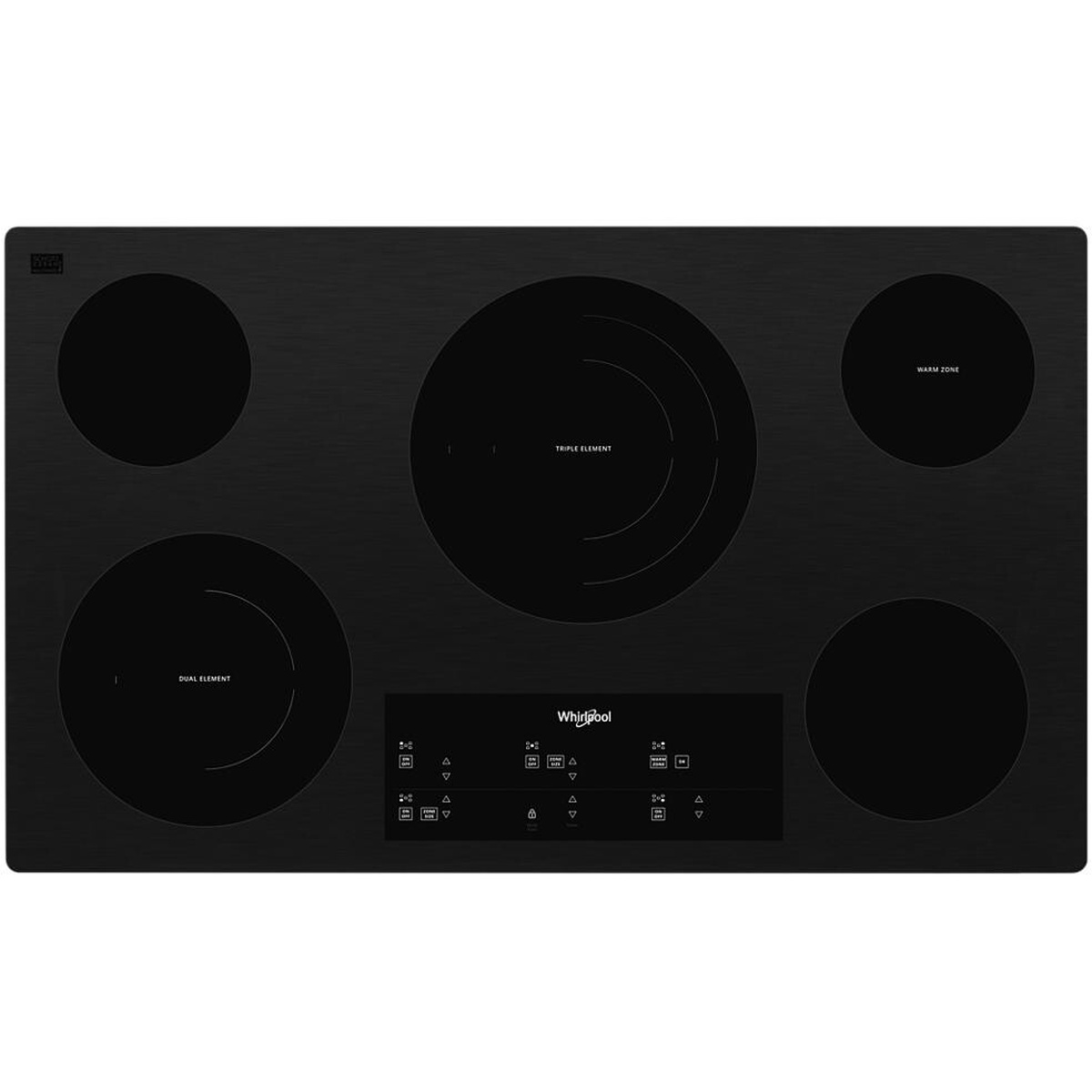 Top view of a black Whirlpool smoothtop electric cooktop with five radiant elements, including a center triple element, a left dual element, and a labeled warm zone