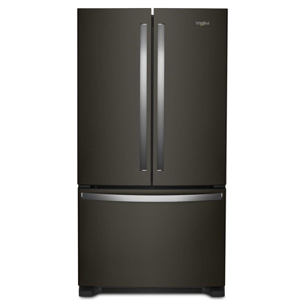 Front view of Whirlpool black stainless steel French-door refrigerator with bottom freezer drawer and long handles