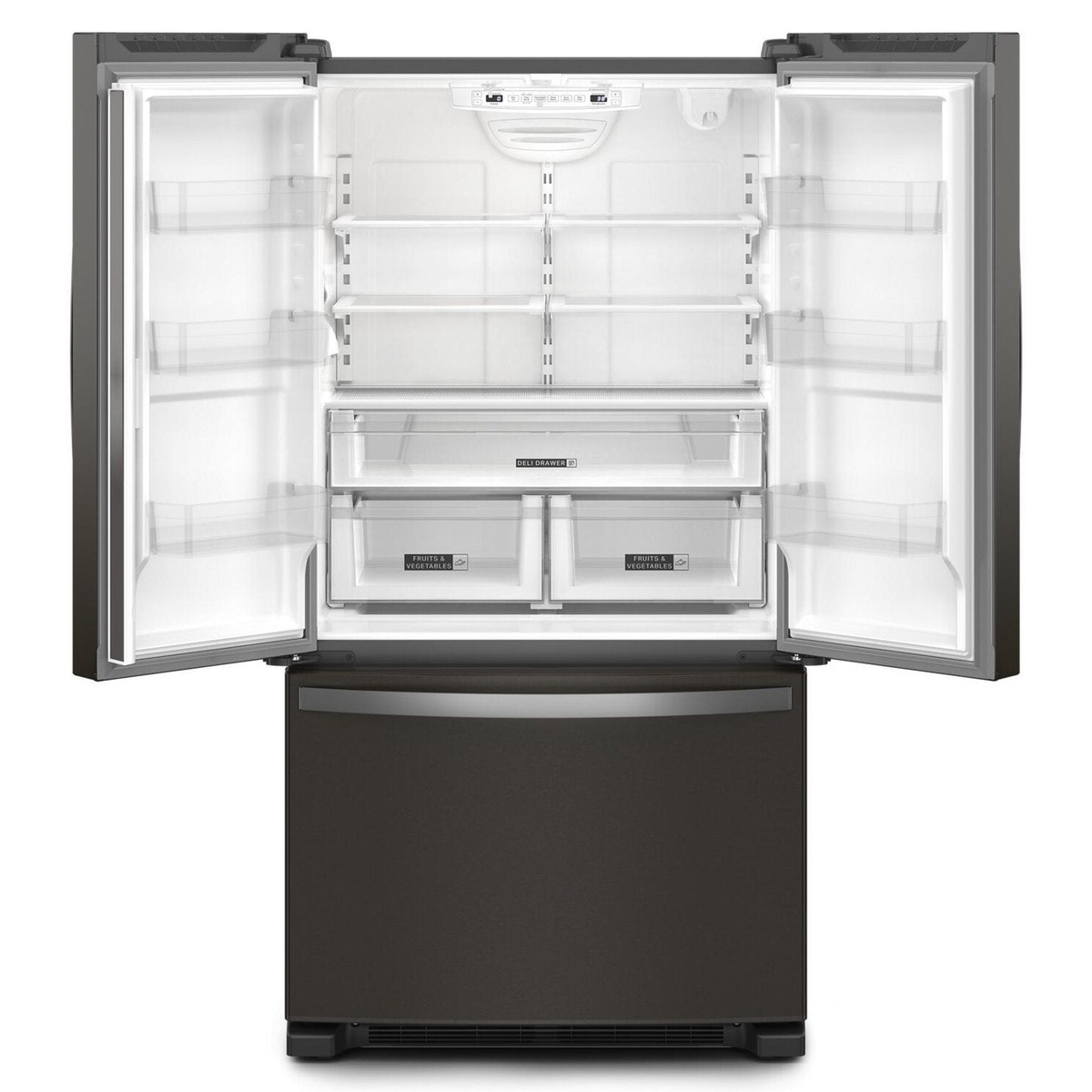 Open Whirlpool French-door refrigerator interior showing adjustable glass shelves, door bins, a wide deli drawer, and two produce drawers