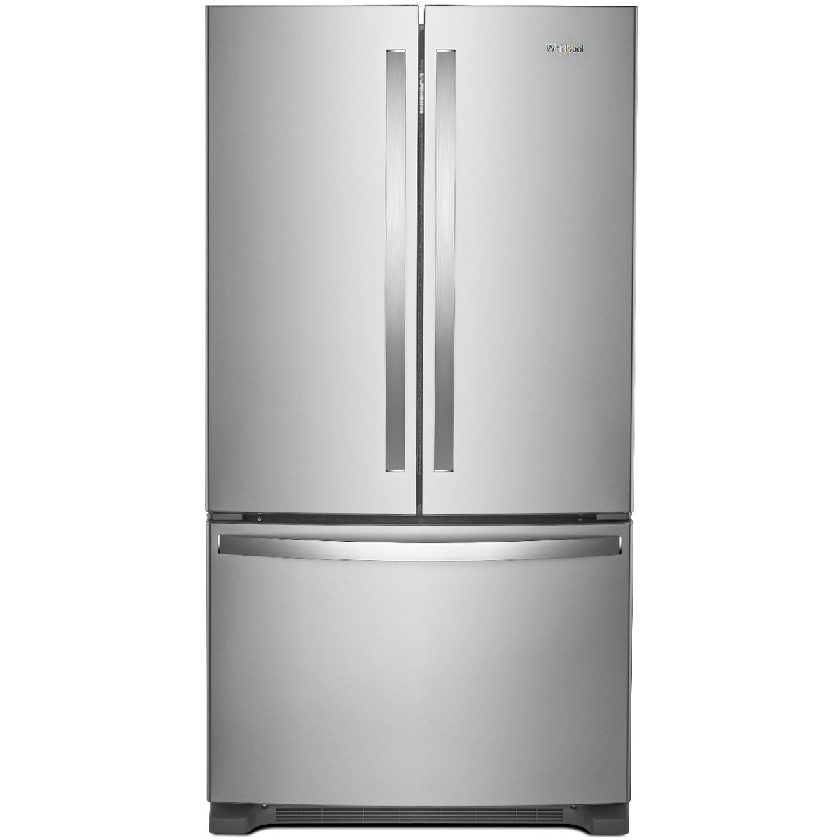 Front view of a Whirlpool stainless steel French door refrigerator with a bottom freezer drawer and long vertical door handles