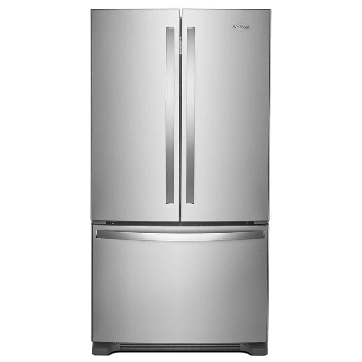 Front view of a stainless steel Whirlpool French door refrigerator with a bottom freezer drawer