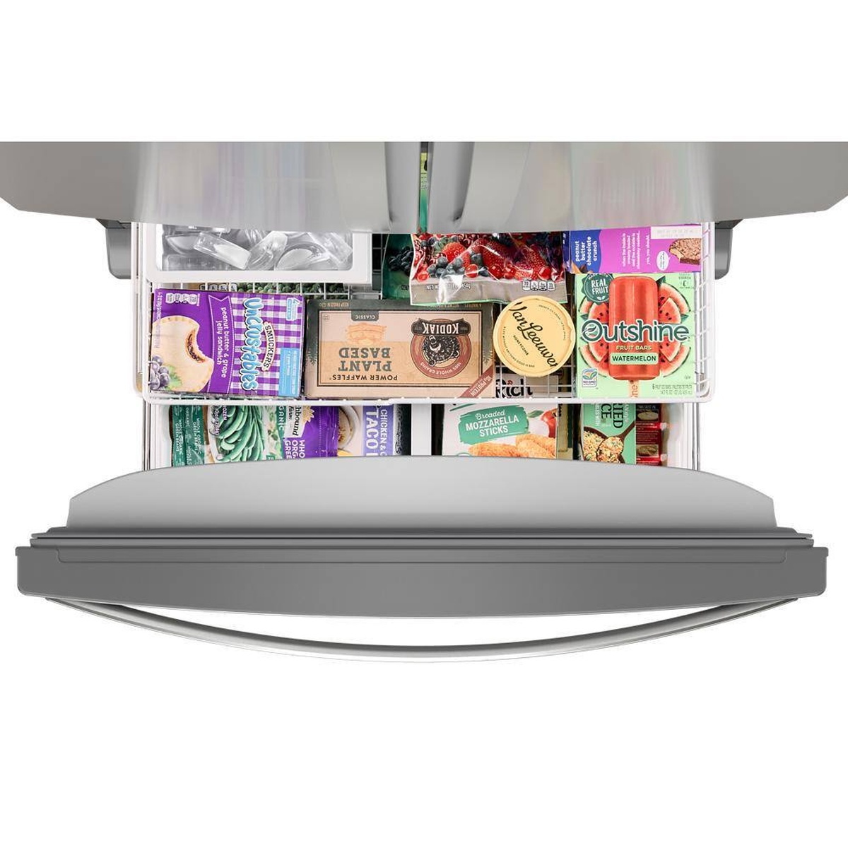 Open bottom freezer drawer showing two sliding storage tiers filled with frozen foods