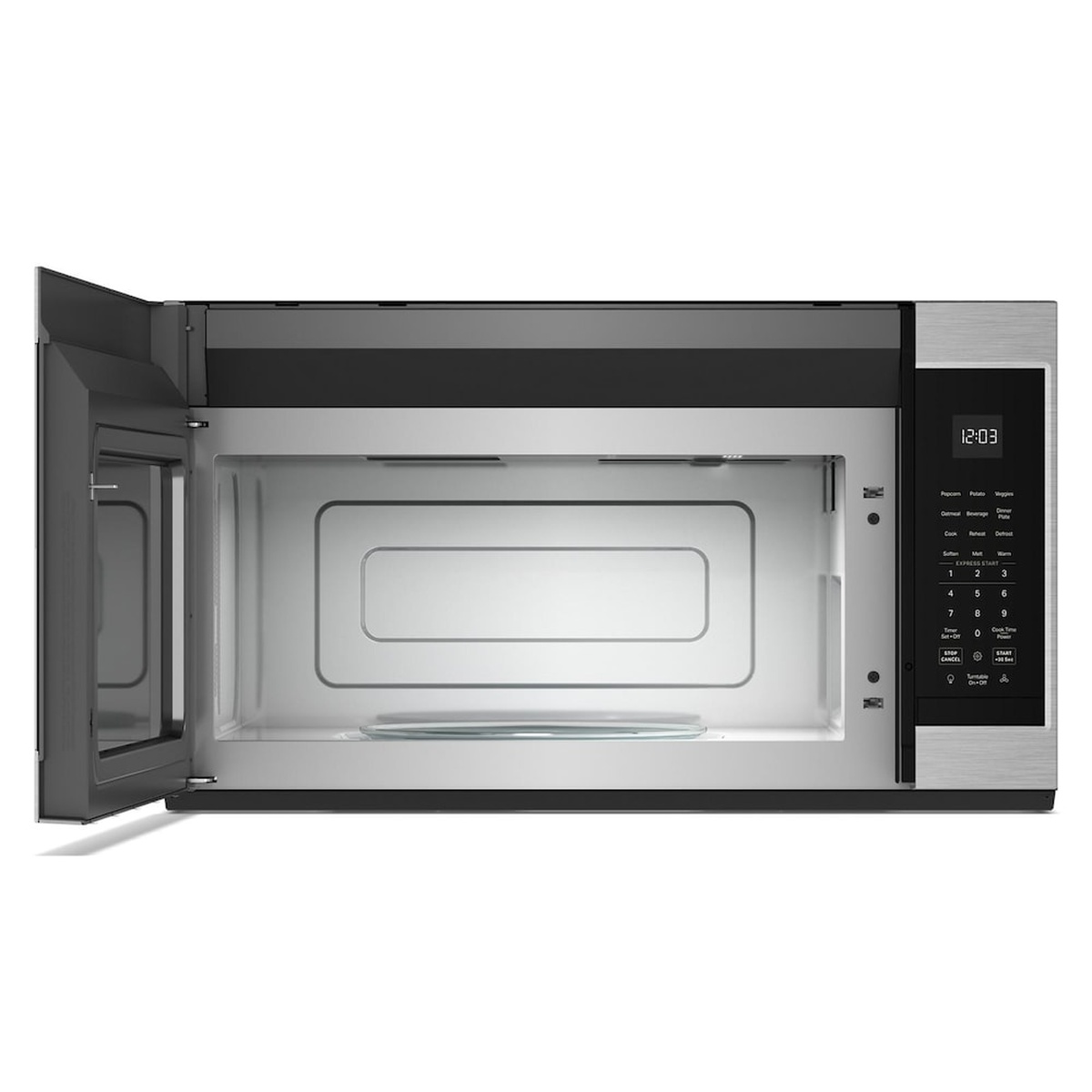 KitchenAid over-the-range microwave with the door open showing the interior cavity and glass turntable