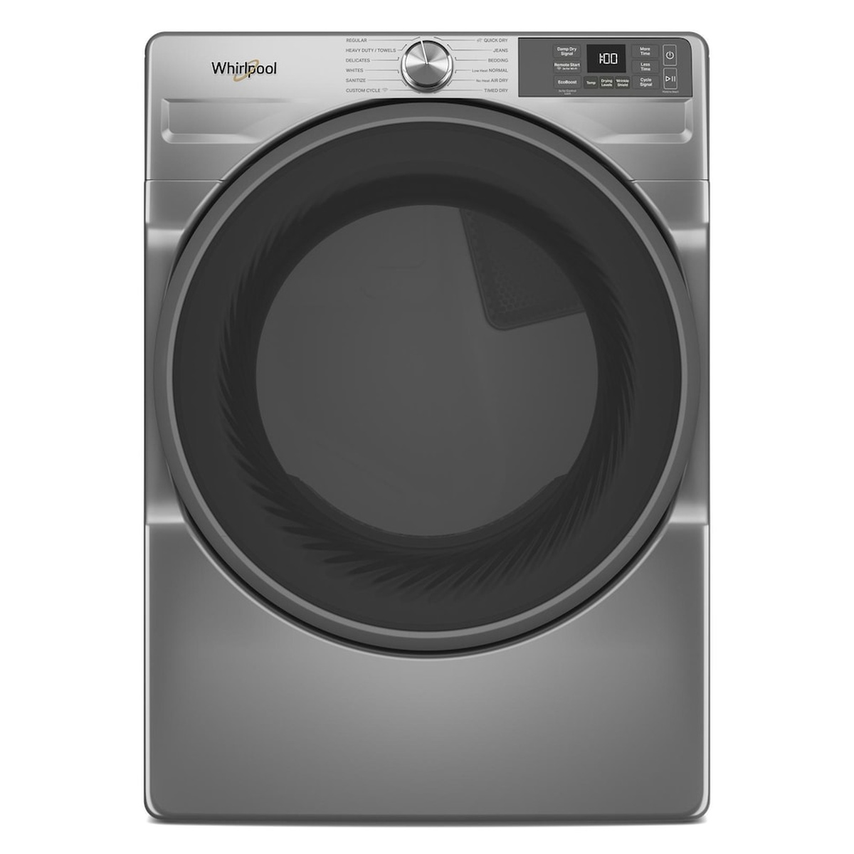 Front view of a Whirlpool radiant silver front-load dryer with a large door window, cycle knob, and digital control panel