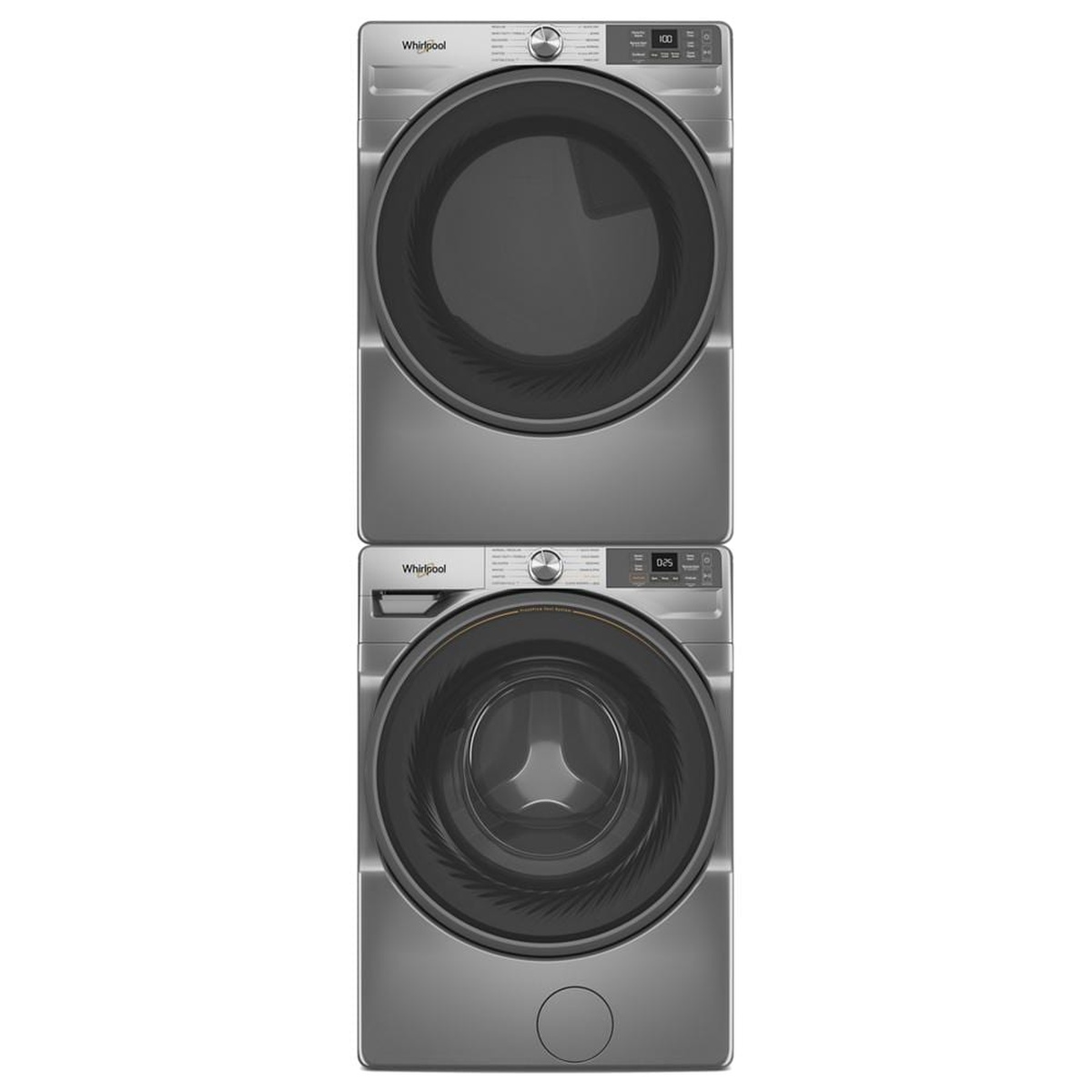 Whirlpool front-load dryer stacked above a matching front-load washer in radiant silver