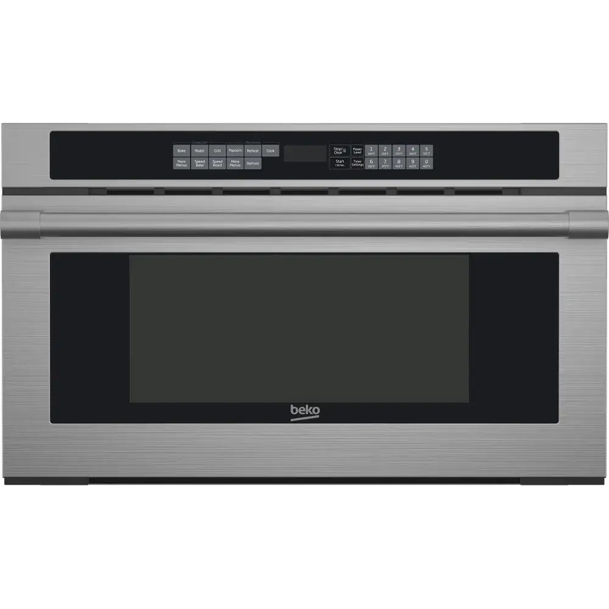 Front view of a stainless Beko built-in speed oven with wide glass door and a top touch control panel with labeled cooking buttons and a numeric keypad.