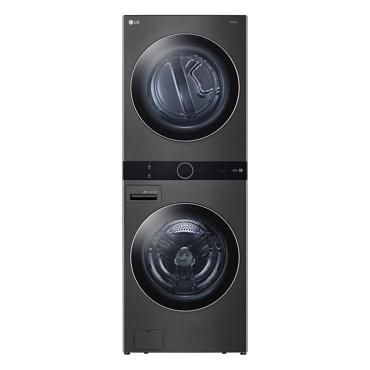 Full front view of the LG WKEX200HBA WashTower laundry center in black steel with stacked dryer and washer doors