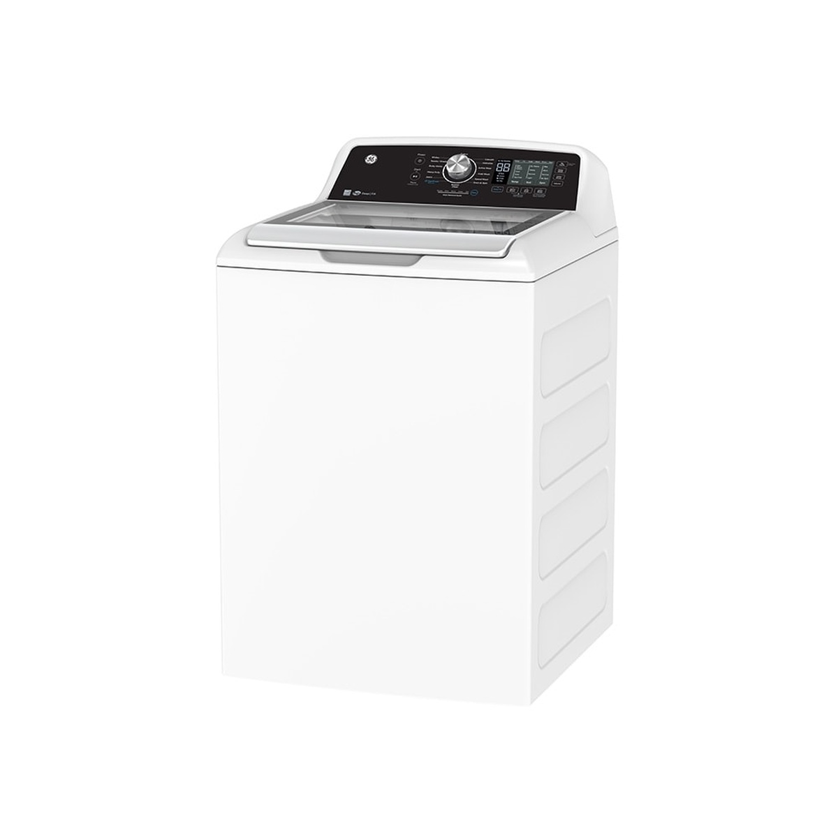 Angled front view of a white GE top-load washer with a rear control console