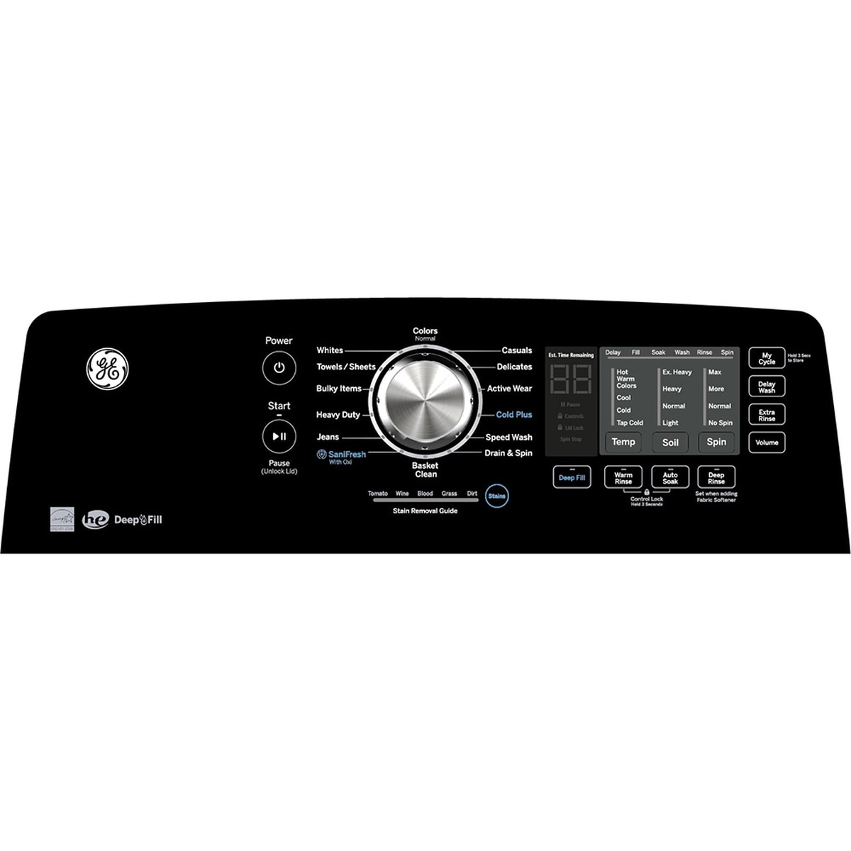 Close-up of the GE washer control panel with cycle dial and labeled options including SaniFresh and a stain removal guide