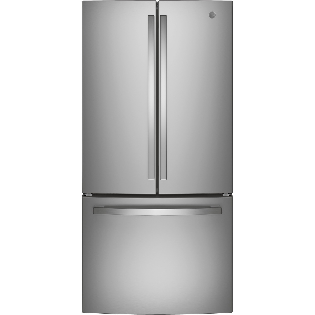 Front view of a GE fingerprint resistant stainless steel French door refrigerator with a bottom freezer drawer