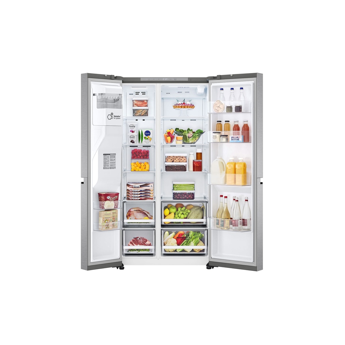LG LS29S3230V with both doors open showing shelves, door bins, and multiple storage drawers