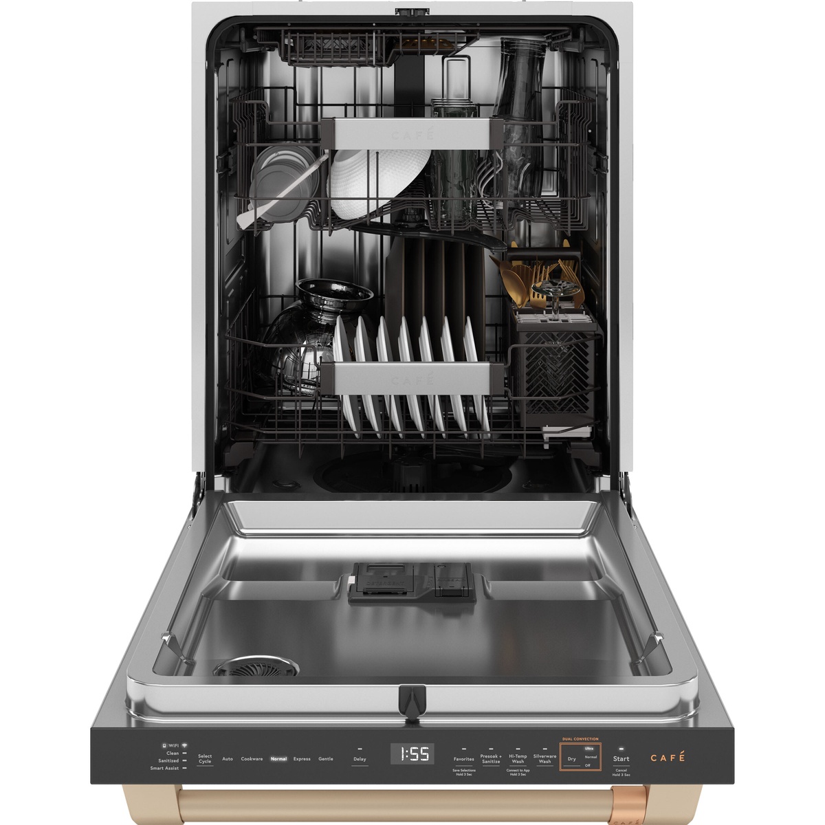 Open Café dishwasher showing stainless steel interior with three racks and a top third rack